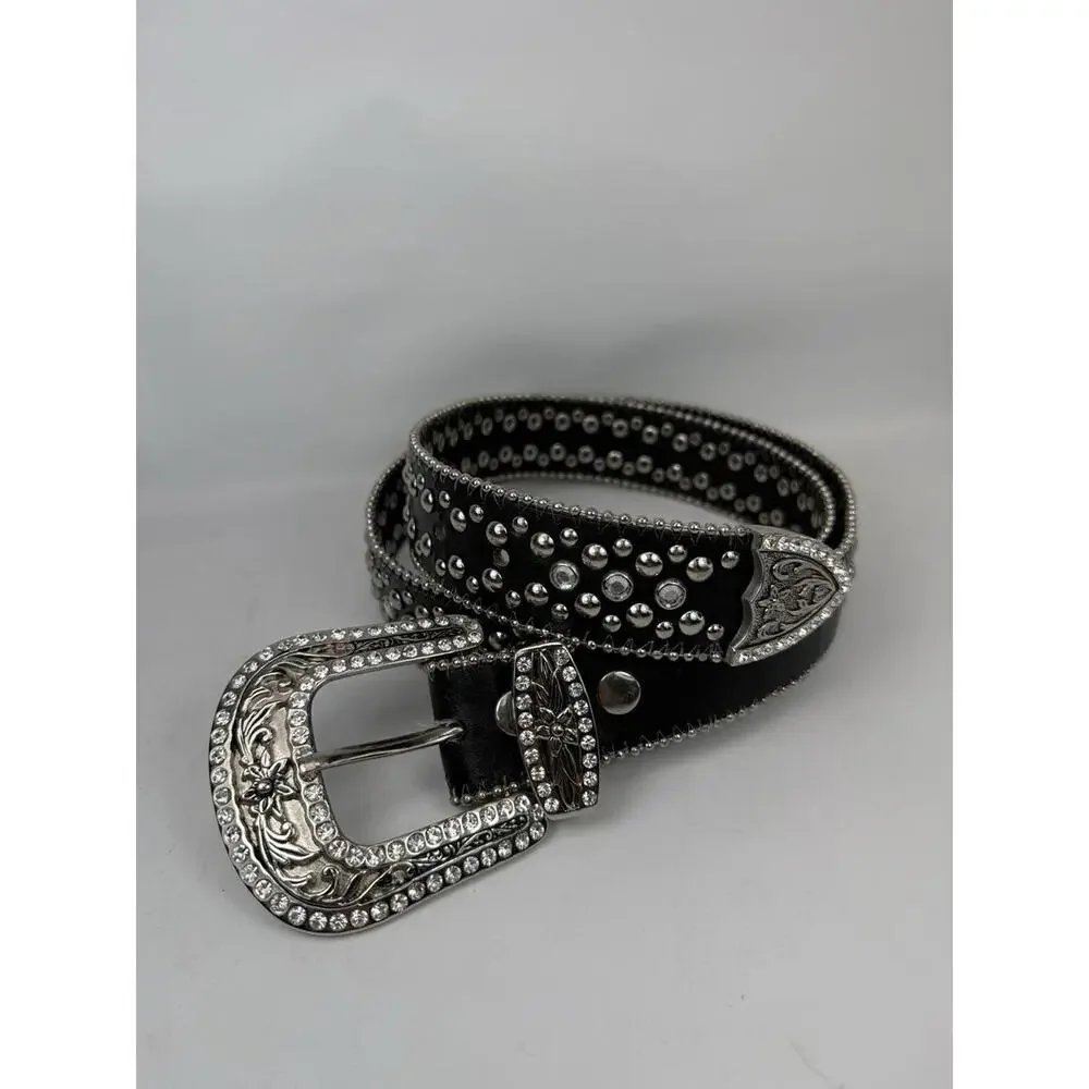RhiO Leather Belt Studded Rhinestone Western Rocker Cowgirl Glam Size L Silver